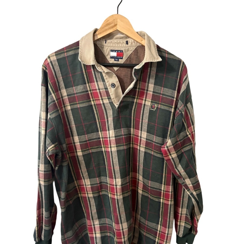 Tommy Hilfiger Green and Red Plaid Polo Shirt
